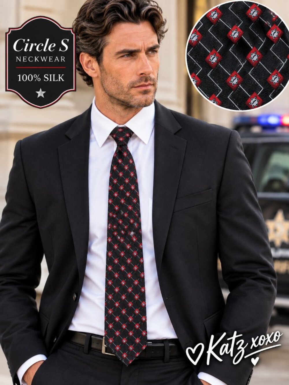 Police Badge Silk Necktie Sheriff Officer Novelty Tie Black Red Men's Motif